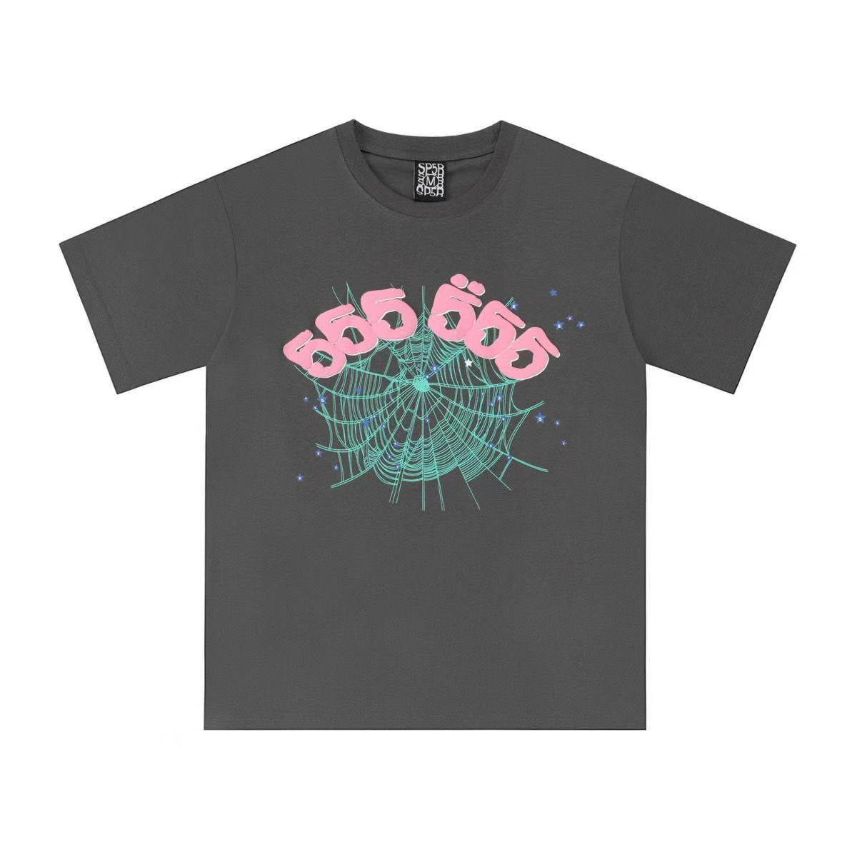 SP5DER WORLDWIDE "GREEN WEB" LOGO T-SHIRT IN GREY
