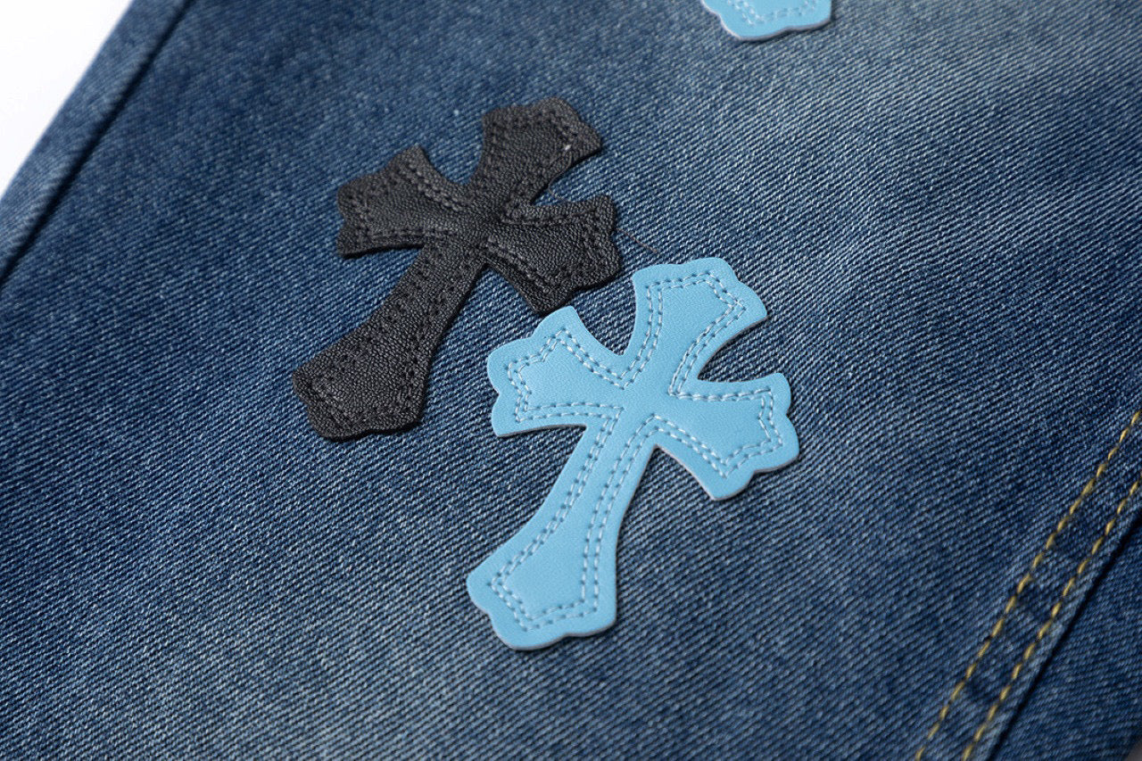 CHROME HEARTS BLUE CROSS PATCH JEANS DENIM