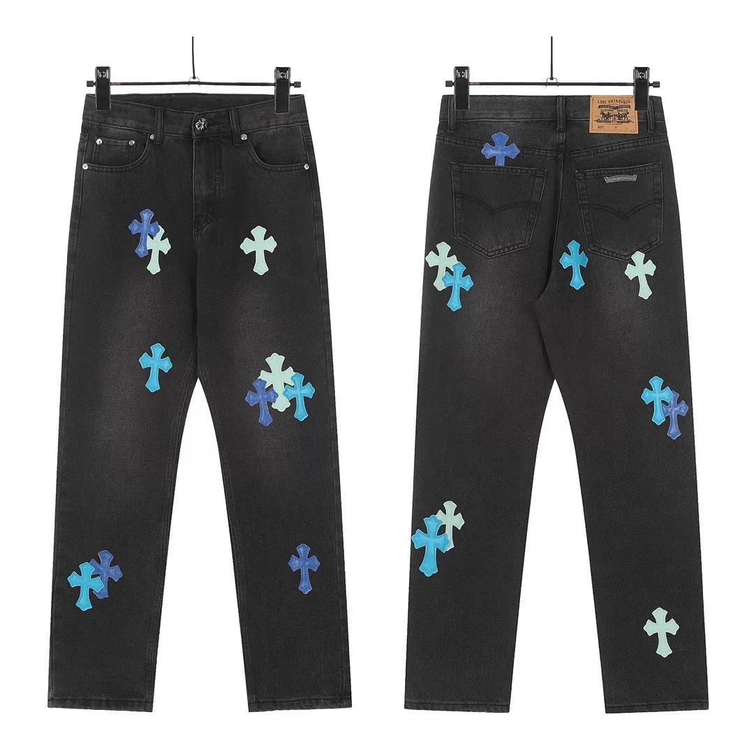 CHROME HEARTS BLUE CROSS PATCH JEANS BLACK