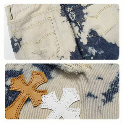 CHROME HEARTS TIE DYE WHITE ORANGE CROSS PATCH JEANS