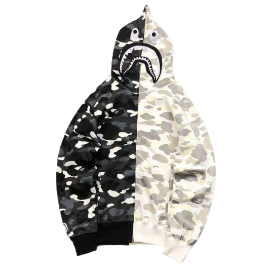 BAPE CITY CAMO HALF SHARK FULL ZIP HOODIE WHITE/BLACK - Prime Reps