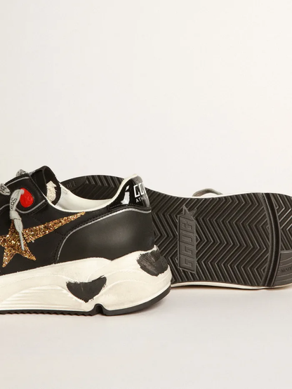 Black Running Sole Sneakers With Glittery Gold Star