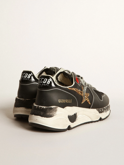 Black Running Sole Sneakers With Glittery Gold Star