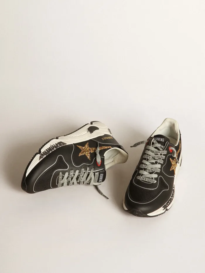 Black Running Sole Sneakers With Glittery Gold Star