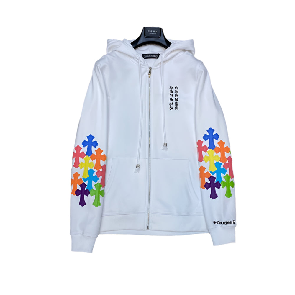 CHROME HEARTS MULTICOLOR CROSS PATCH ZIPPER HOODIE WHITE - Prime Reps