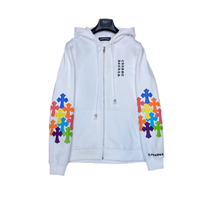 CHROME HEARTS MULTICOLOR CROSS PATCH ZIPPER HOODIE WHITE - Prime Reps