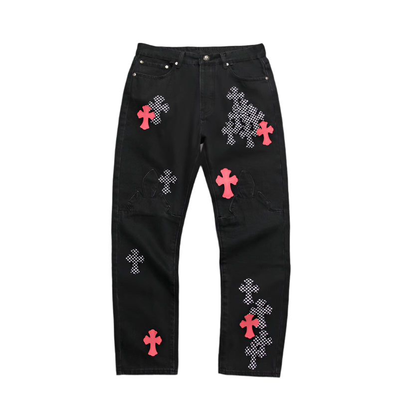 CHROME HEARTS PINK & CHECKERED CROSS PATCH FLEURKNEE JEANS BLACK - Prime Reps