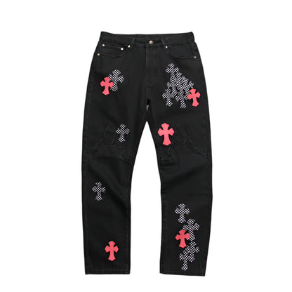 CHROME HEARTS PINK & CHECKERED CROSS PATCH FLEURKNEE JEANS BLACK - Prime Reps