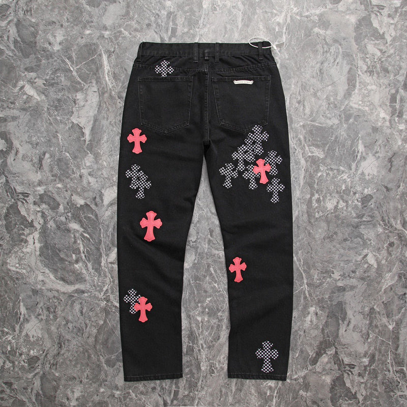 CHROME HEARTS PINK & CHECKERED CROSS PATCH FLEURKNEE JEANS BLACK - Prime Reps