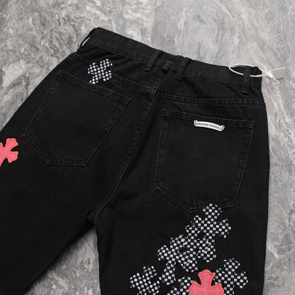 CHROME HEARTS PINK & CHECKERED CROSS PATCH FLEURKNEE JEANS BLACK - Prime Reps