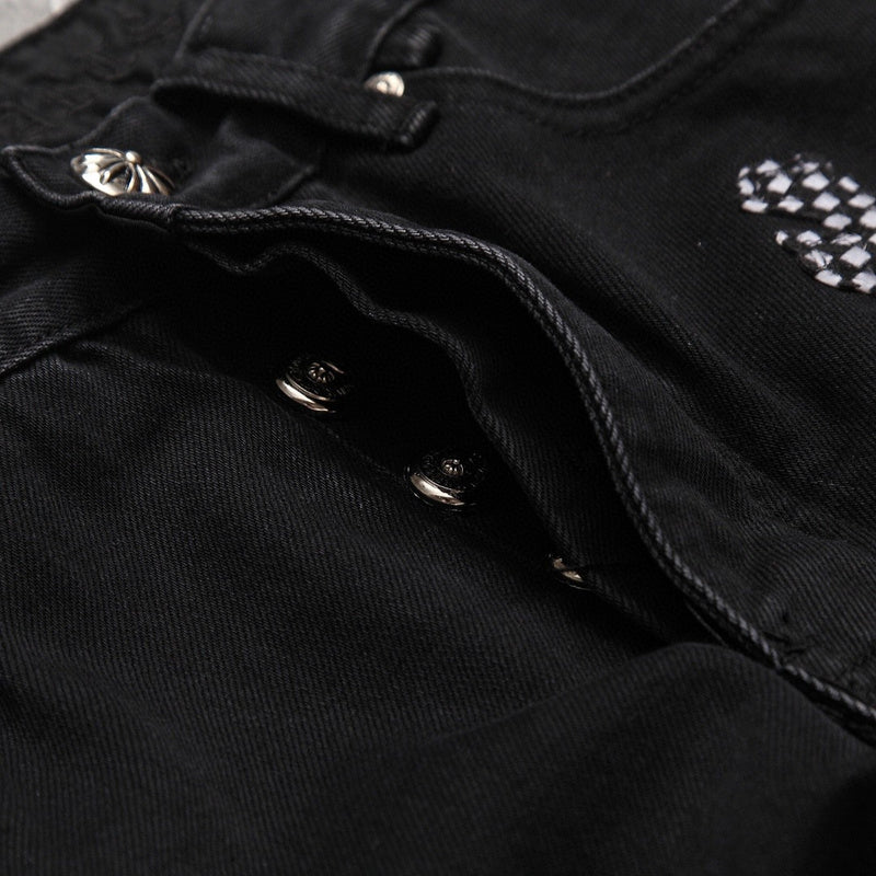 CHROME HEARTS PINK & CHECKERED CROSS PATCH FLEURKNEE JEANS BLACK - Prime Reps