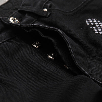 CHROME HEARTS PINK & CHECKERED CROSS PATCH FLEURKNEE JEANS BLACK - Prime Reps