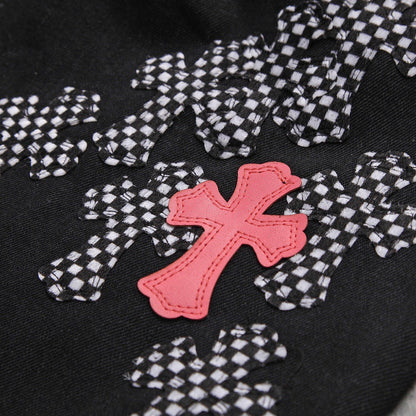 CHROME HEARTS PINK & CHECKERED CROSS PATCH FLEURKNEE JEANS BLACK - Prime Reps