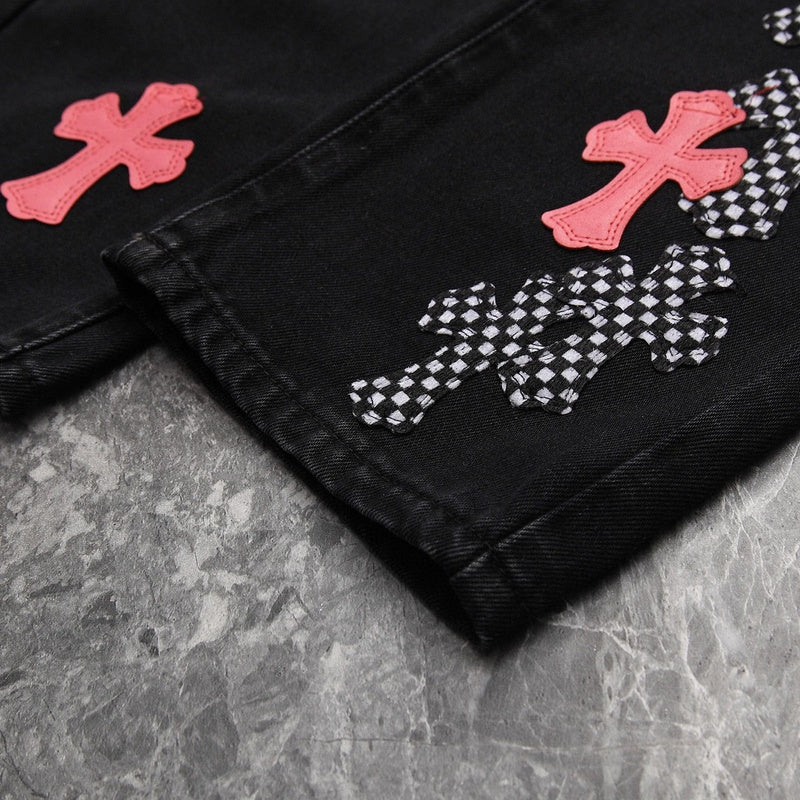 CHROME HEARTS PINK & CHECKERED CROSS PATCH FLEURKNEE JEANS BLACK - Prime Reps