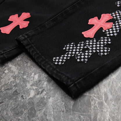 CHROME HEARTS PINK & CHECKERED CROSS PATCH FLEURKNEE JEANS BLACK - Prime Reps
