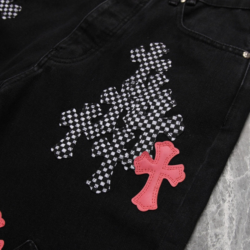 CHROME HEARTS PINK & CHECKERED CROSS PATCH FLEURKNEE JEANS BLACK - Prime Reps