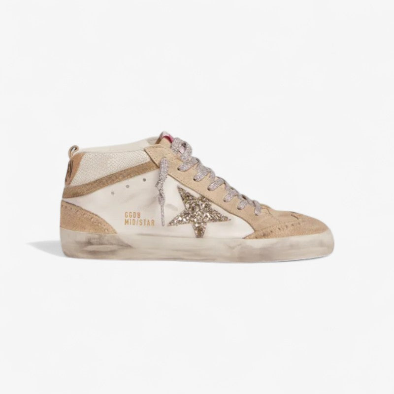 Mid Star Ltd Sneakers With Light Green Glitter Star And Snake-print Leather Insert