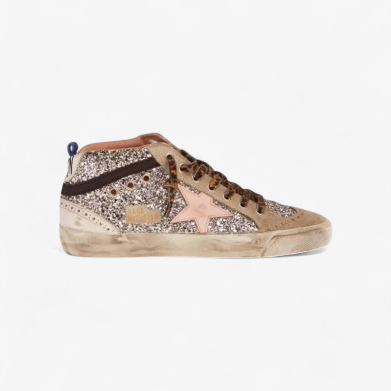 Mid Star Sneakers With Silver Glitter Upper And Pale Pink Star
