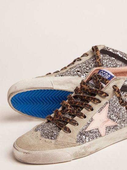 Mid Star Sneakers With Silver Glitter Upper And Pale Pink Star