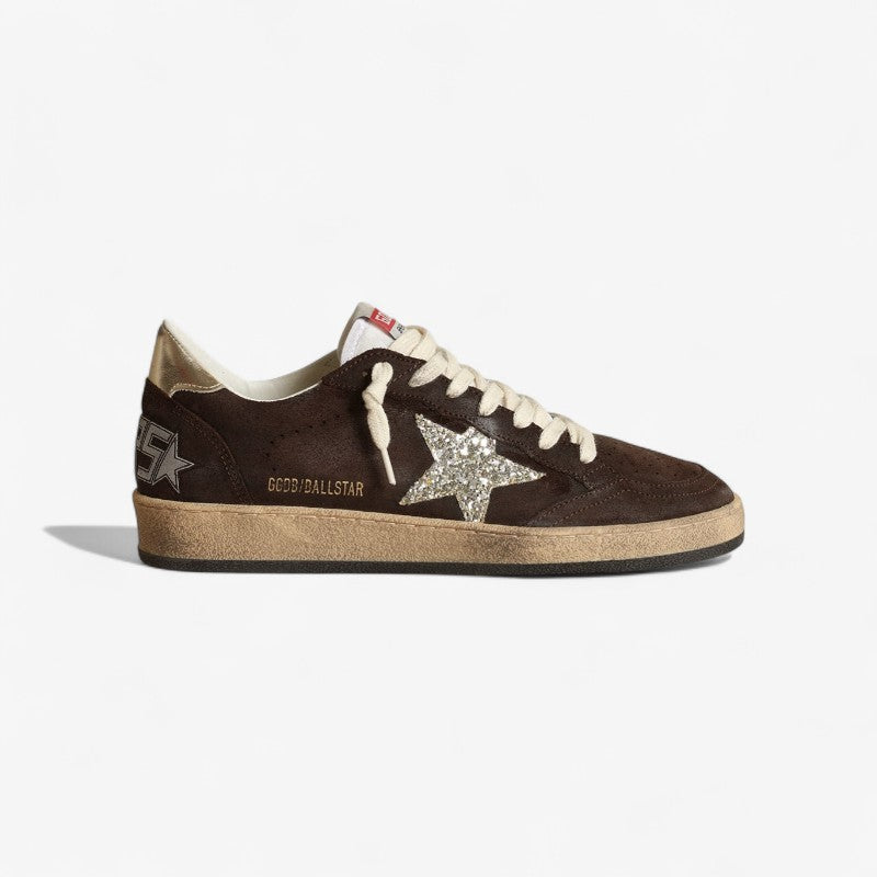 Sneaker Ball Star In Suede Marrone Con Stella In Glitter Platino E Linguetta In Nylon Bianco
