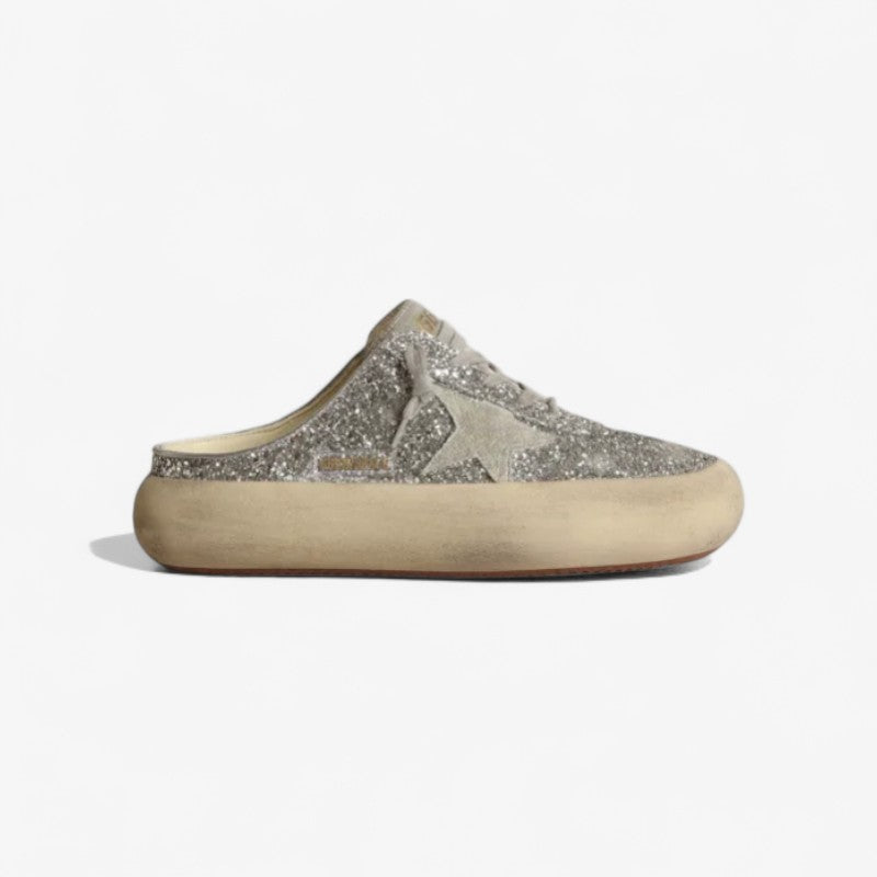 Space-star Sabots In Silver Glitter With Ice-gray Suede Star And Tongue
