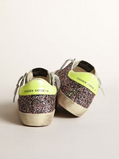 Super-star Sneakers In Gray And Pink Glitter With Ice-gray Suede Star And Fluorescent Yellow Leather