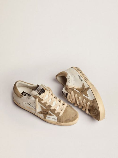 Super-star Sneakers In White Leather With Dove-gray Suede Inserts And All-over Black Lettering