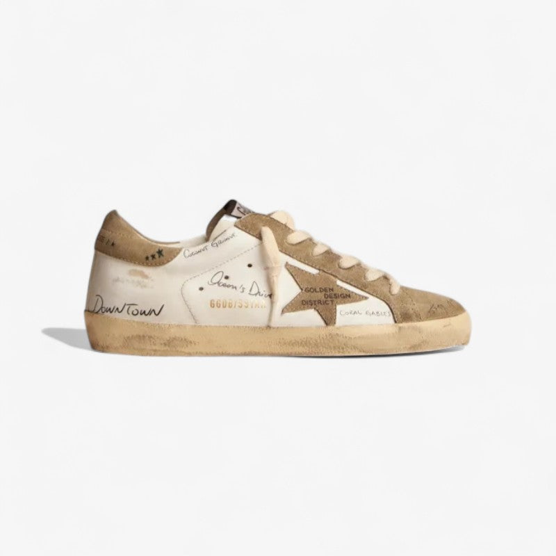 Super-star Sneakers In White Leather With Dove-gray Suede Inserts And All-over Black Lettering