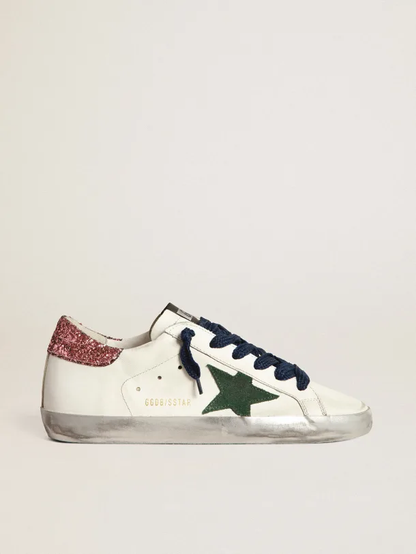 Super-star Sneakers With Green Suede Star And Pink Glitter Heel Tab