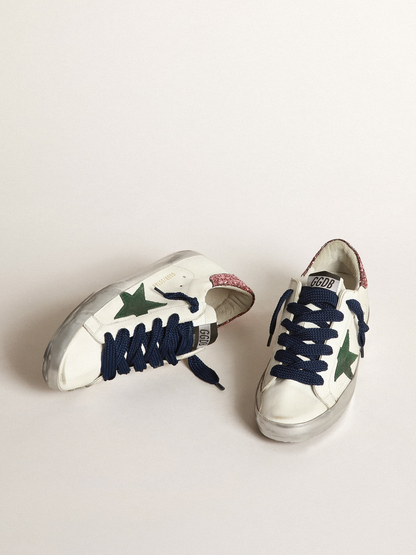 Super-star Sneakers With Green Suede Star And Pink Glitter Heel Tab