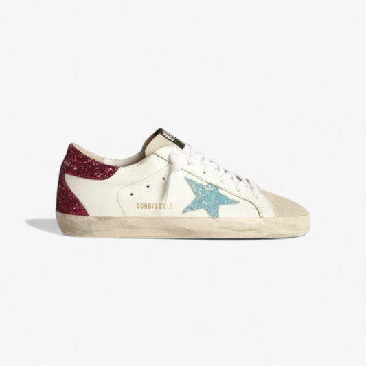 Super-star Sneakers With Light Blue Glitter Star And Purple Glitter Heel Tab
