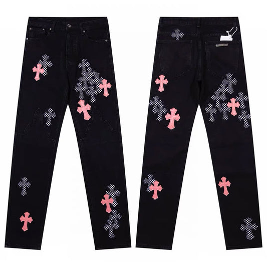 CHROME HEARTS PINK & CHECKERED CROSS PATCH FLEURKNEE JEANS BLACK