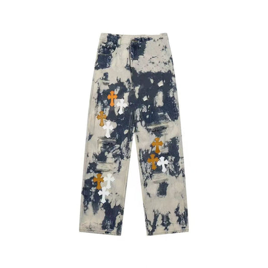 CHROME HEARTS TIE DYE WHITE ORANGE CROSS PATCH JEANS