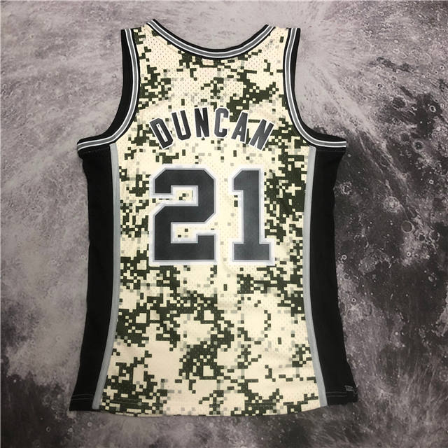 TIM DUNCAN SAN ANTONIO SPURS CAMO THROWBACK JERSEY (HEAT APPLIED) - Prime Reps